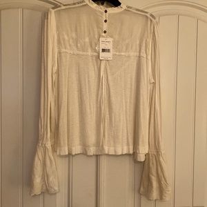 Womens Free People Trumpet Sleeve Blouse,Embroidered Sleeve Trim and Back Yoke